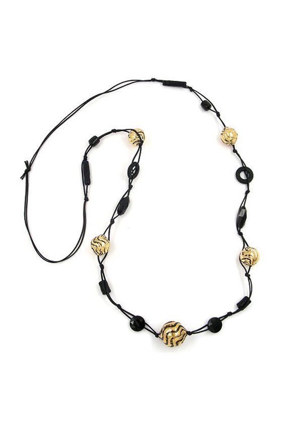 NECKLACE WAVY BEADS BLACK-GOLD 100CM
