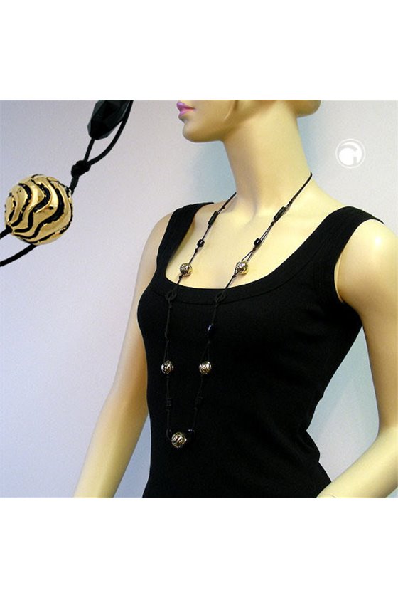 NECKLACE WAVY BEADS BLACK-GOLD 100CM