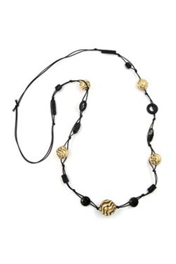 NECKLACE WAVY BEADS BLACK-GOLD 100CM