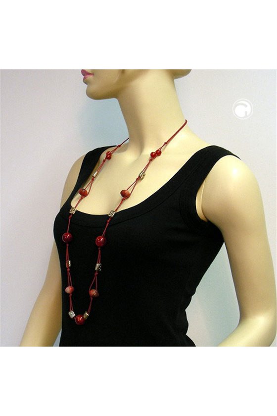 NECKLACE BEADS RED GOLD-TONE
