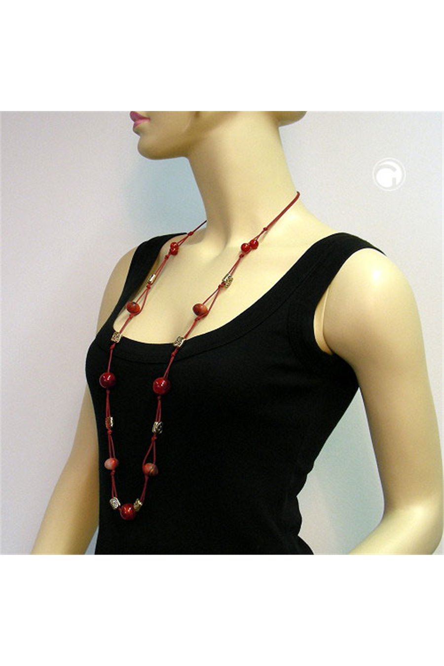 NECKLACE BEADS RED GOLD-TONE
