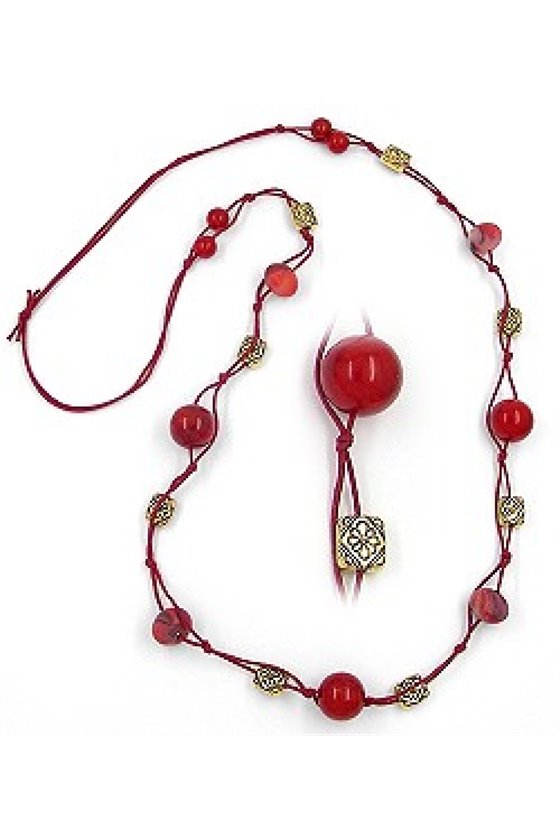 NECKLACE BEADS RED GOLD-TONE