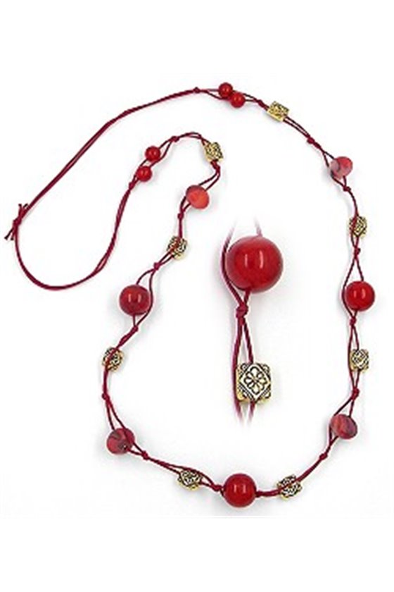 NECKLACE BEADS RED GOLD-TONE