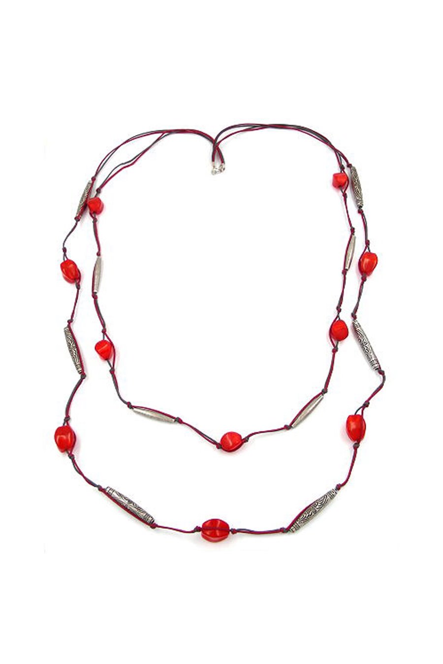 NECKLACE 2 ROWS RED-GREY SILVER-TONE 105CM