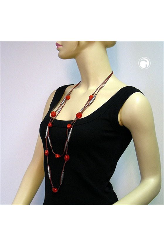 NECKLACE 2 ROWS RED-GREY SILVER-TONE 105CM