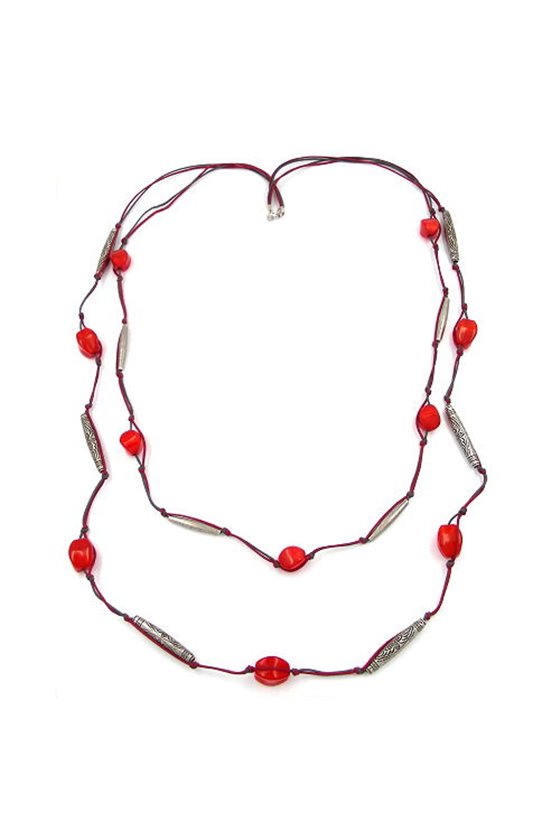 NECKLACE 2 ROWS RED-GREY SILVER-TONE 105CM