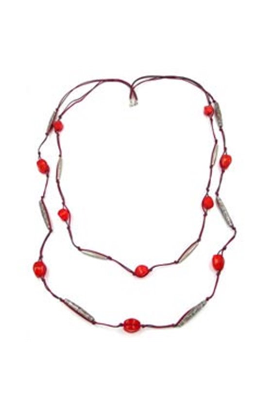 NECKLACE 2 ROWS RED-GREY SILVER-TONE 105CM