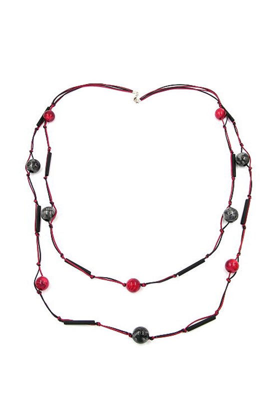 NECKLACE 2 ROWS RED-BLACK SILVER-TONE 95CM