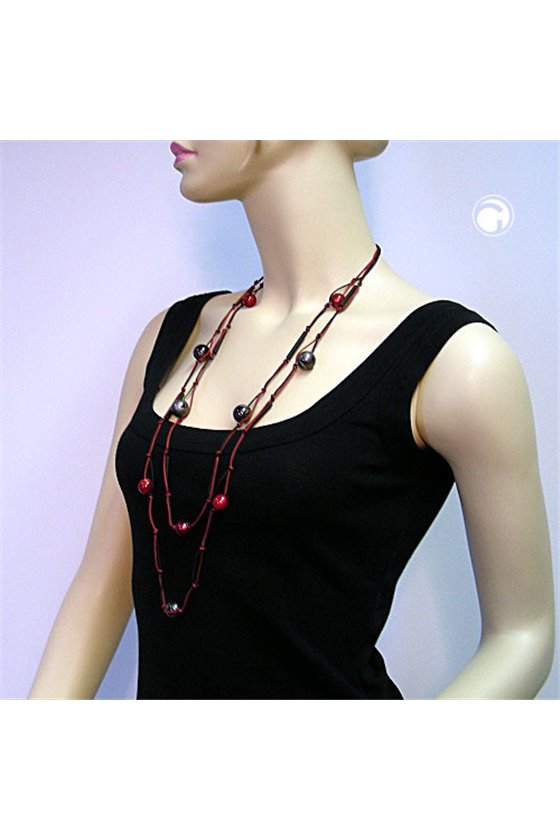 NECKLACE 2 ROWS RED-BLACK SILVER-TONE 95CM