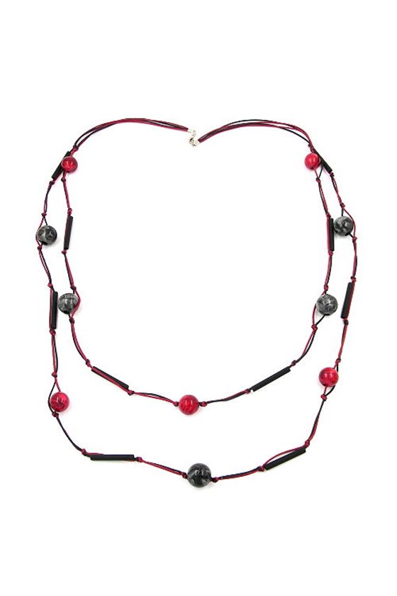 NECKLACE 2 ROWS RED-BLACK SILVER-TONE 95CM