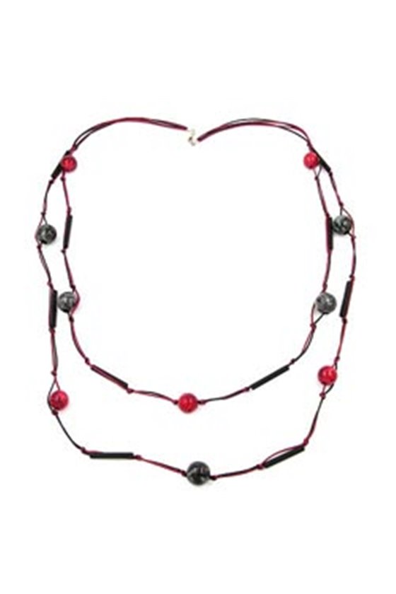 NECKLACE 2 ROWS RED-BLACK SILVER-TONE 95CM