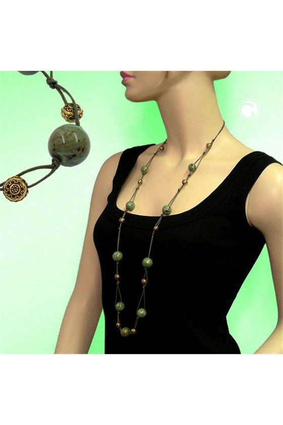 NECKLACE BEADS GREEN-BROWN 100CM