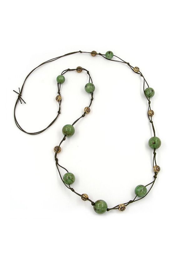 NECKLACE BEADS GREEN-BROWN 100CM