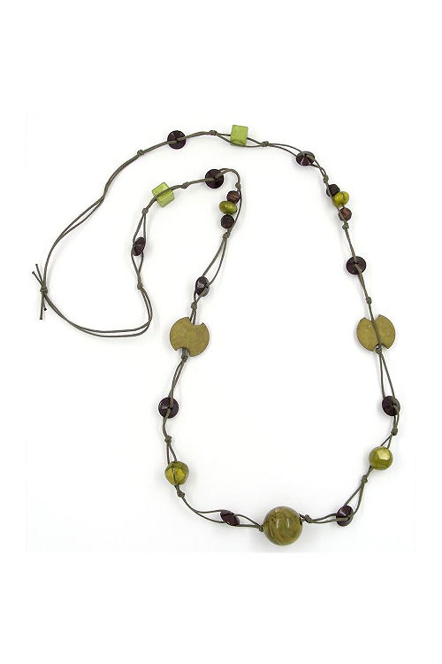NECKLACE BEADS GREEN-OLIVE-BROWN 100CM