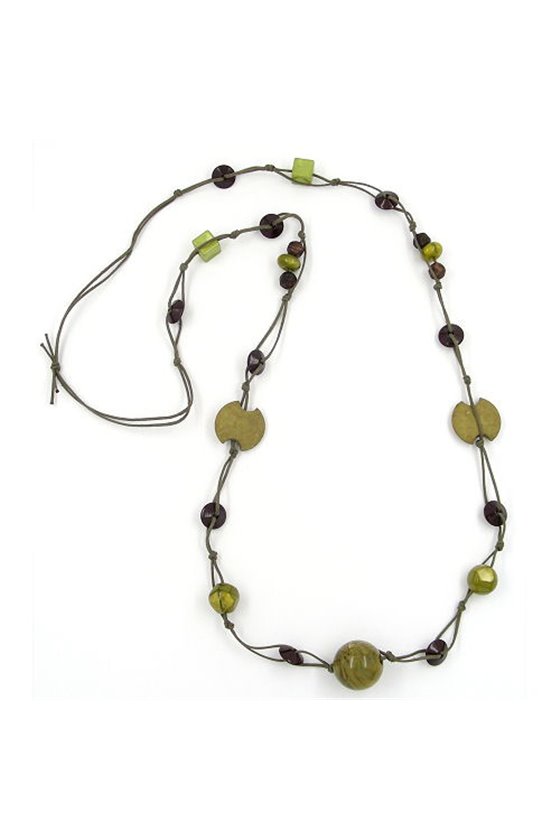 NECKLACE BEADS GREEN-OLIVE-BROWN 100CM
