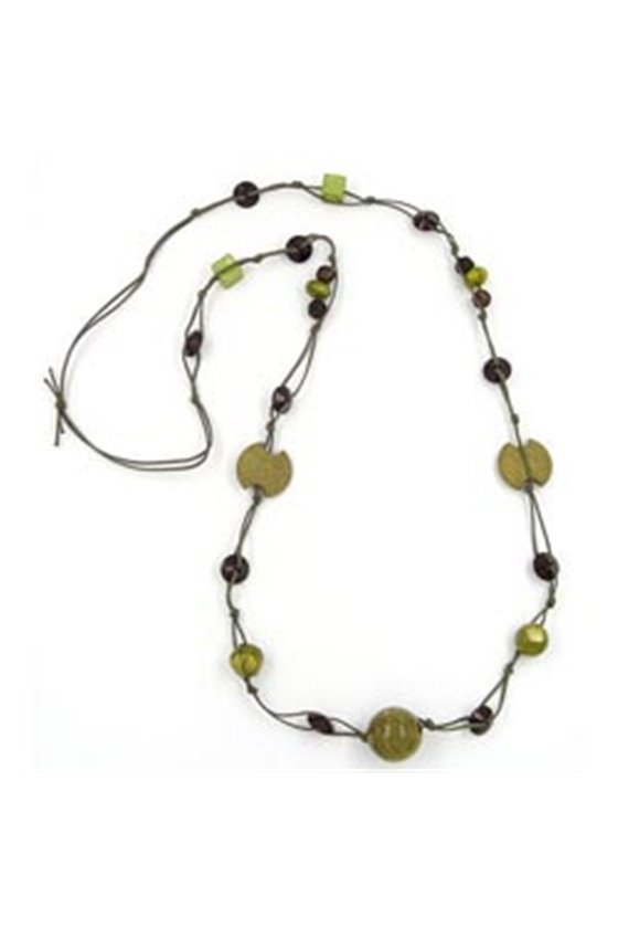 NECKLACE BEADS GREEN-OLIVE-BROWN 100CM