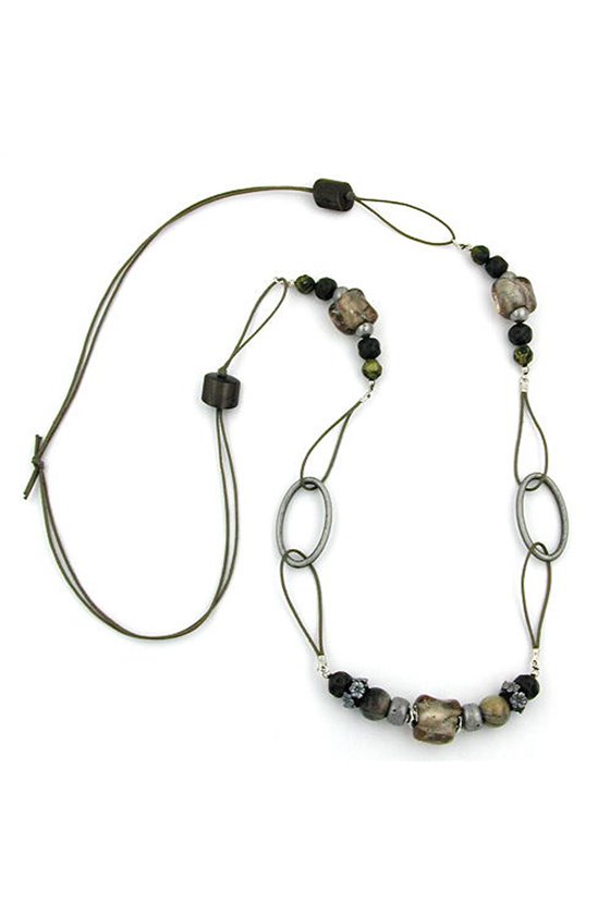 NECKLACE STONE BEAD BROWN-GREY 100CM