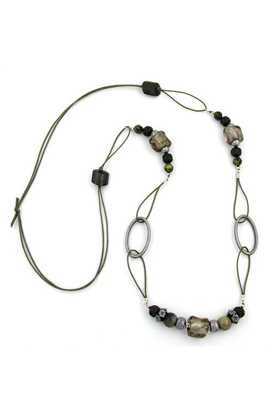 NECKLACE STONE BEAD BROWN-GREY 100CM