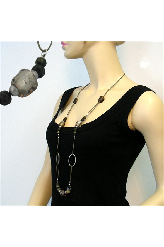 NECKLACE STONE BEAD BROWN-GREY 100CM