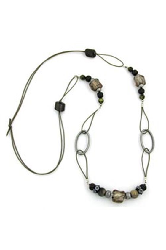 NECKLACE STONE BEAD BROWN-GREY 100CM