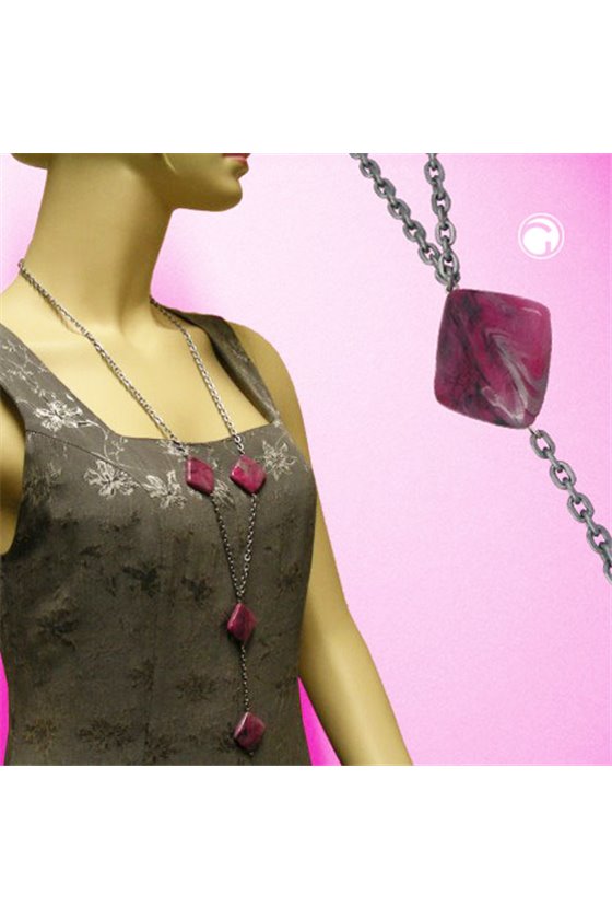 NECKLACE 4 BEADS PINK-MARBELED 95CM