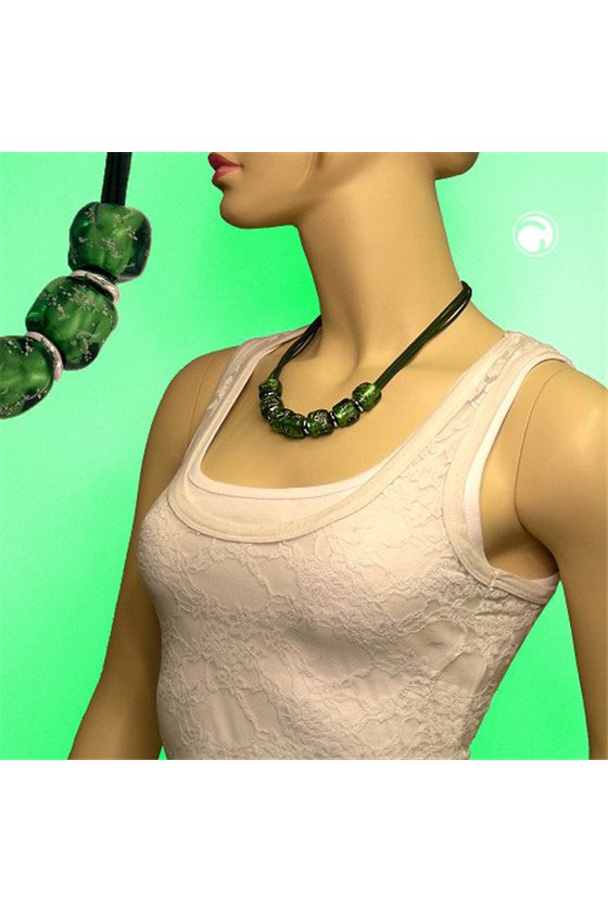 NECKLACE STONE BEAD GREEN-SILVER 50CM