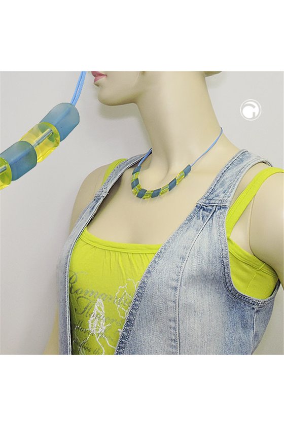 NECKLACE 2X LIGHT BLUE KNOTTED CORD & TURQUOISE-GREEN SLANTED BEADS
