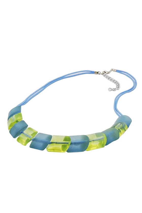 NECKLACE 2X LIGHT BLUE KNOTTED CORD & TURQUOISE-GREEN SLANTED BEADS