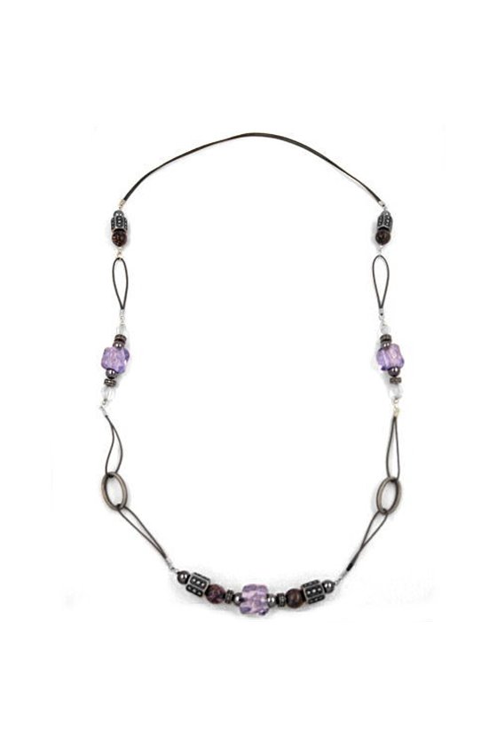 NECKLACE STONE BEAD GREY-LILA 96CM
