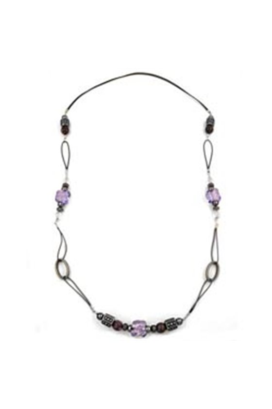 NECKLACE STONE BEAD GREY-LILA 96CM