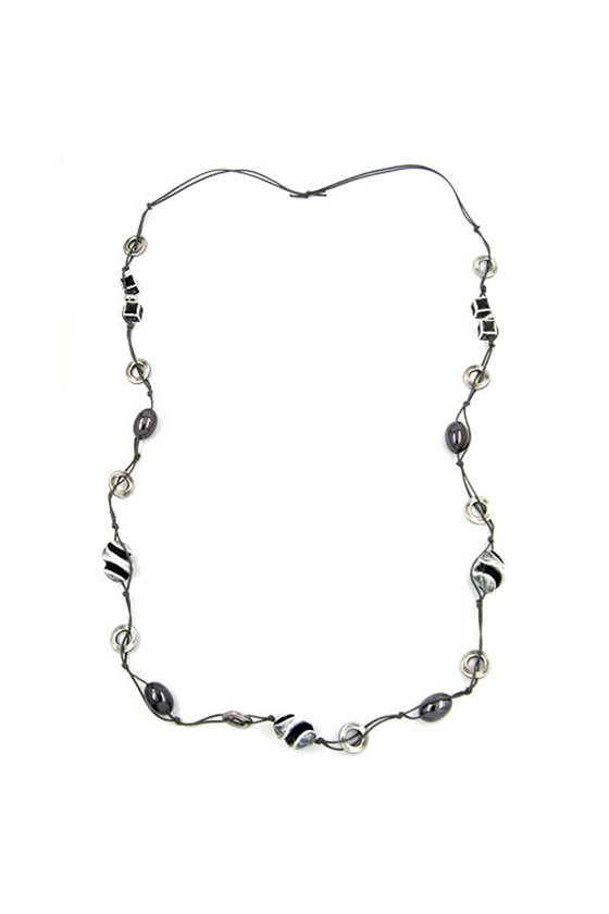 NECKLACE BEADS BLACK-GREY-SILVER 110CM