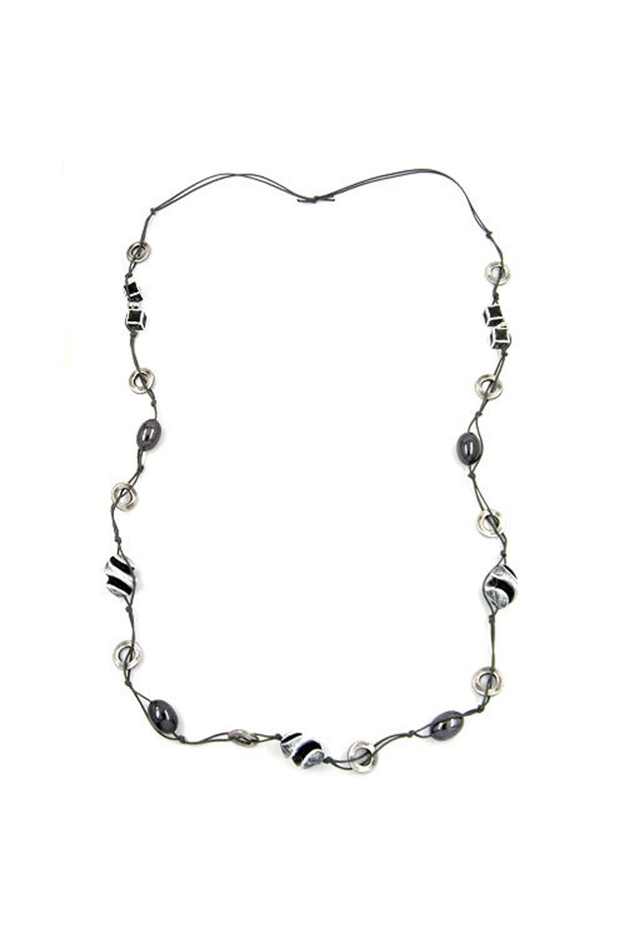 NECKLACE BEADS BLACK-GREY-SILVER 110CM