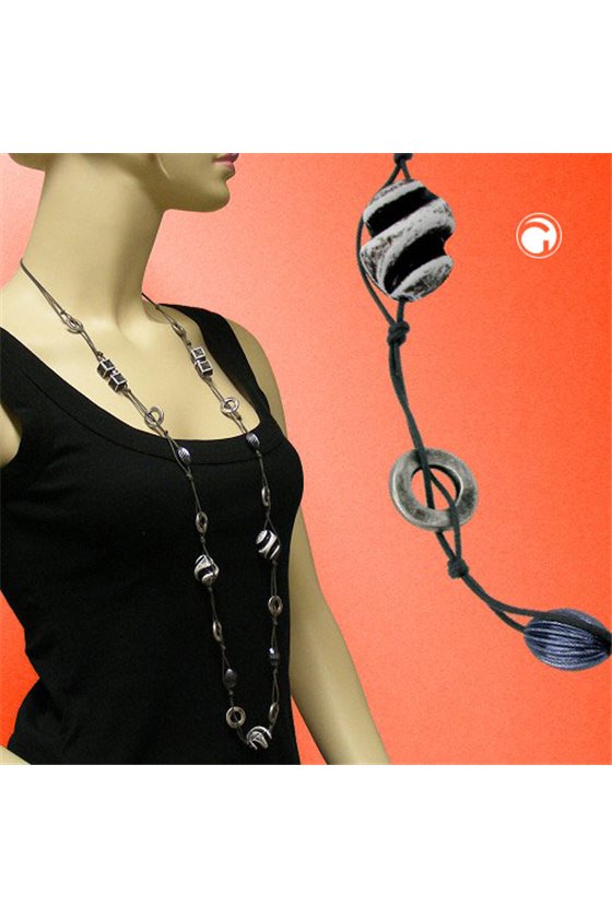 NECKLACE BEADS BLACK-GREY-SILVER 110CM