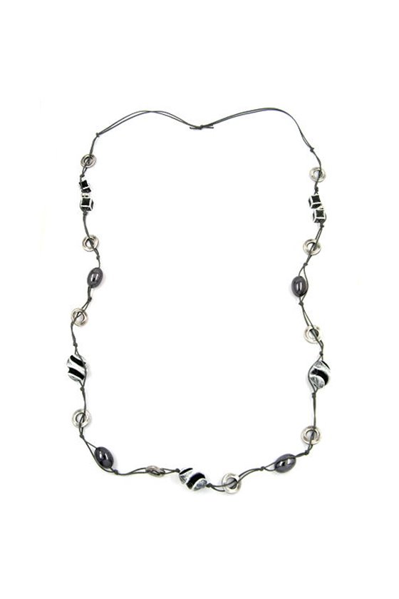 NECKLACE BEADS BLACK-GREY-SILVER 110CM