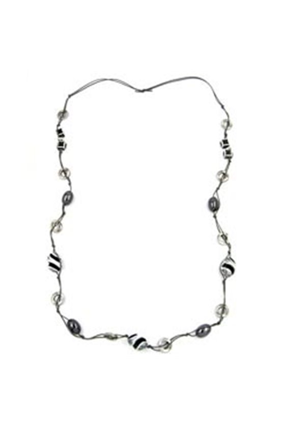 NECKLACE BEADS BLACK-GREY-SILVER 110CM