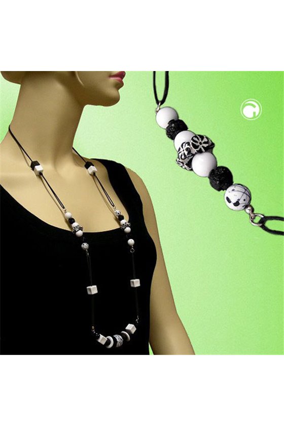 NECKLACE BEADS CUBES BLACK-WHITE 98CM