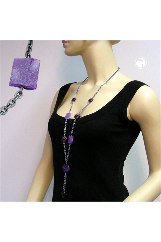 NECKLACE BEADS LILAC-LAVENDER-GRAY 95CM