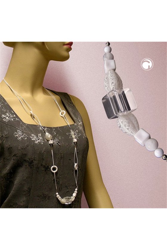NECKLACE WHITE BEADS & CUBES 100CM