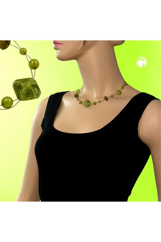 NECKLACE BEADS GREEN-OLIVE 45CM