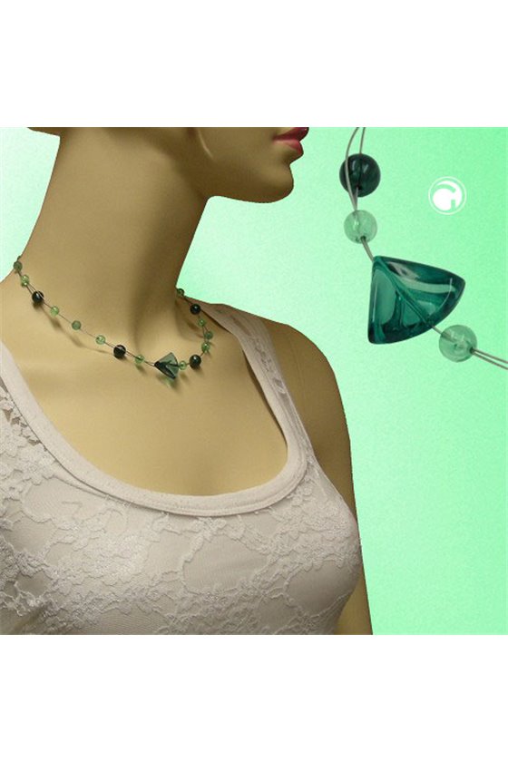 NECKLACE GREEN BEADS SILVER-COLOURED CHAIN