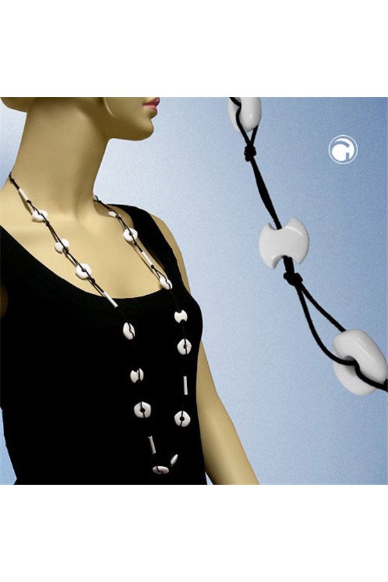 NECKLACE OVAL WHITE RINGS BLACK CHAIN 100CM