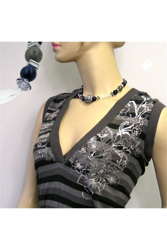 NECKLACE SILVER-GREY/ BLACK/ TRANSPARENT BEADS