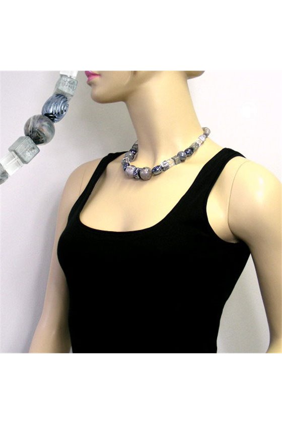 NECKLACE SILVERGREY GREY-BLUE MARBLED BEADS