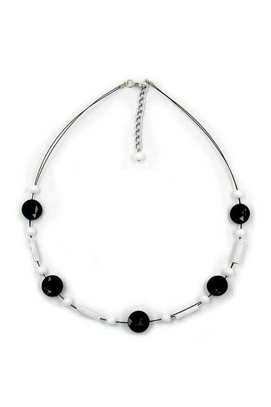 NECKLACE BLACK WHITE BEADS ON COATED FLEXIBLE WIRE