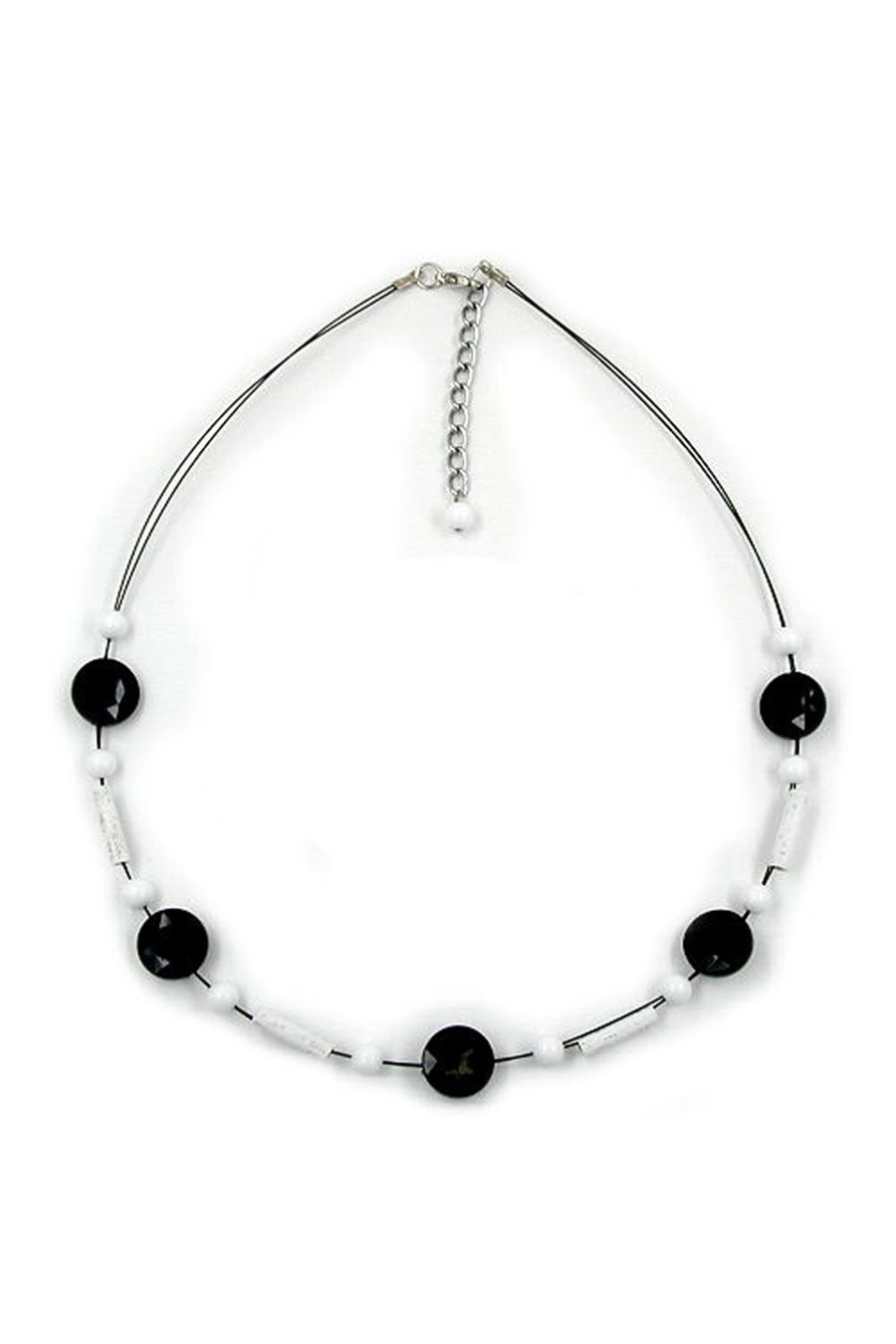 NECKLACE BLACK WHITE BEADS ON COATED FLEXIBLE WIRE