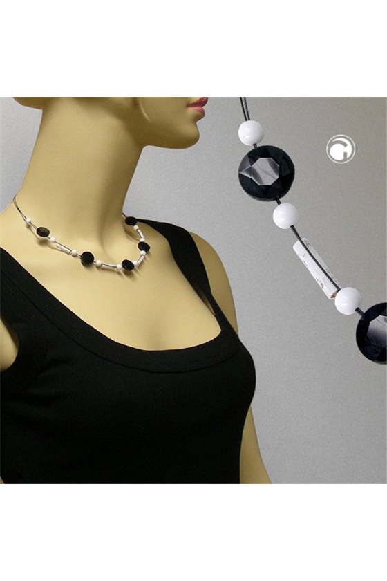 NECKLACE BLACK WHITE BEADS ON COATED FLEXIBLE WIRE