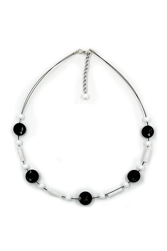 NECKLACE BLACK WHITE BEADS ON COATED FLEXIBLE WIRE