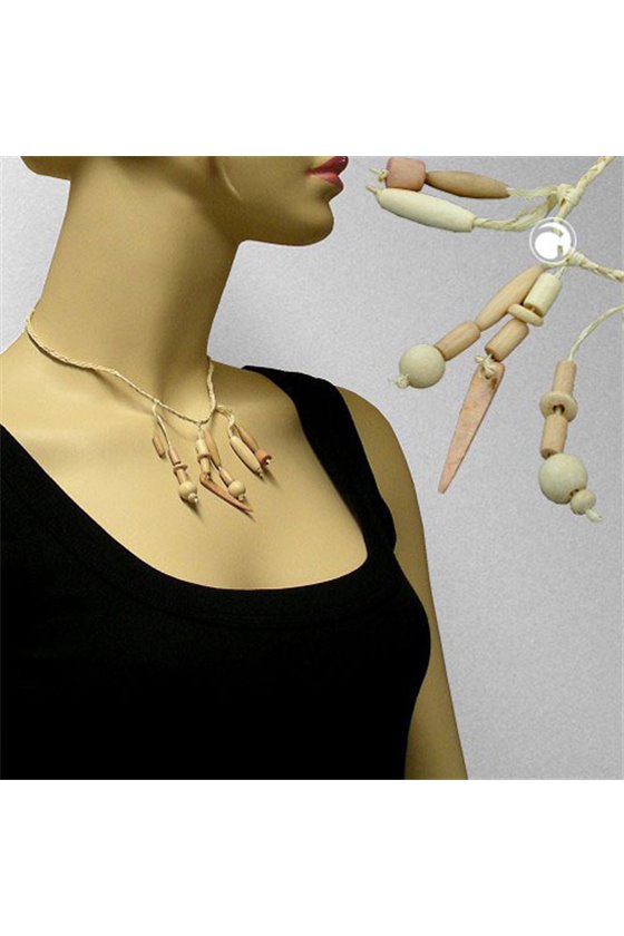 NECKLACE BRAIDED BAST VARIOUS WOOD BEADS