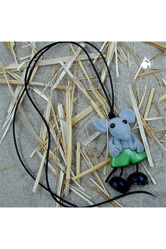 NECKLACE,MOUSE,GREY PLUSH,GREEN TROUSERS