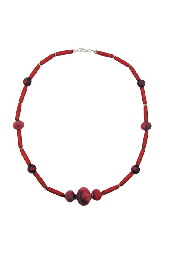 NECKLACE RED MARBLED RED METALLIC BEADS